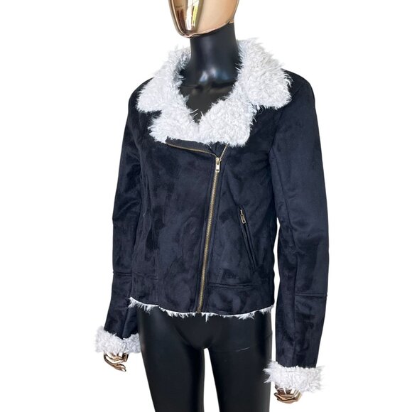 CAGE Black Faux Suede Sherpa Moto Jacket Women's Size M Asymmetrical Zip - Picture 3 of 11
